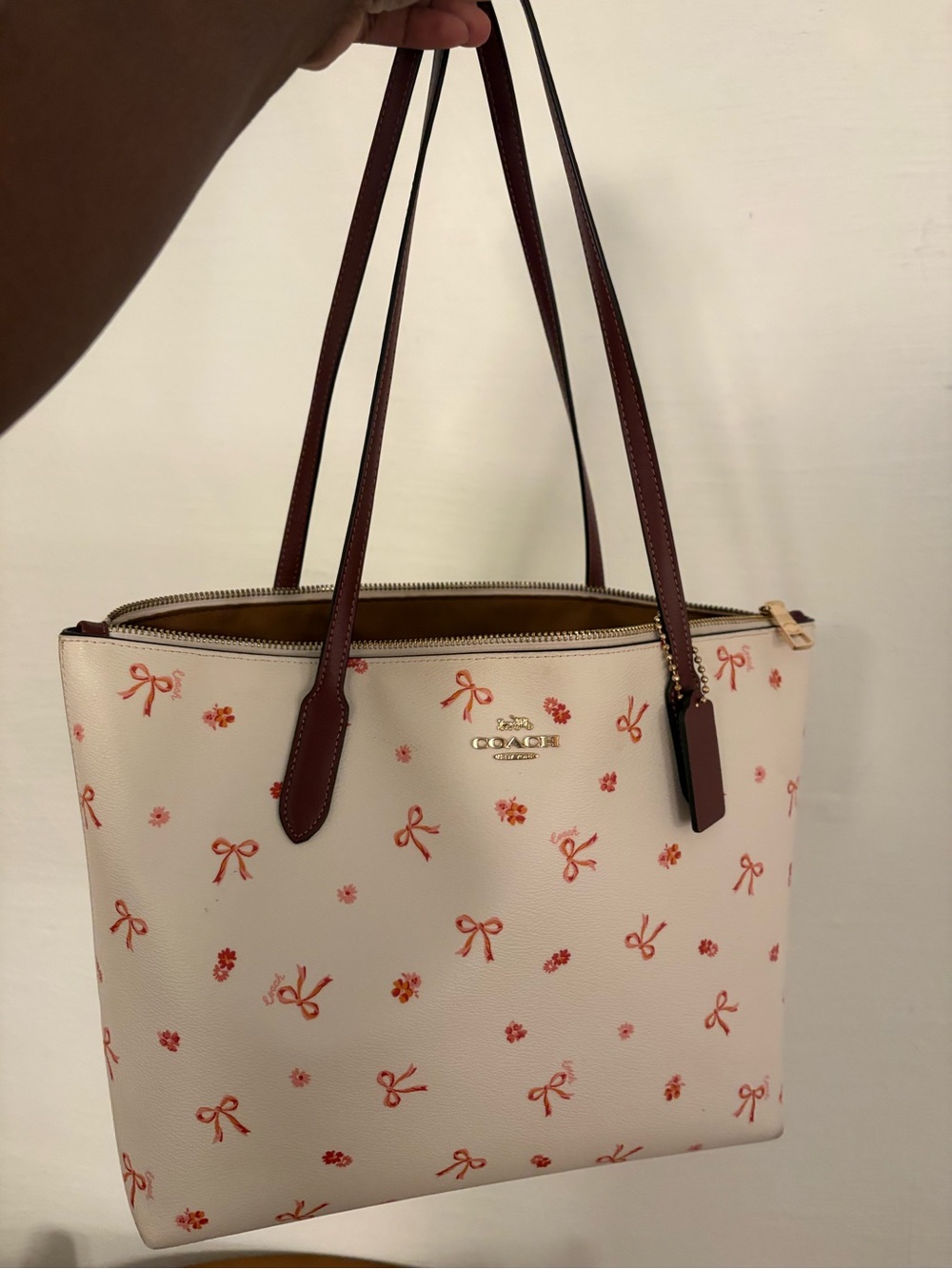 Coach Cream Tote with Pink-Orange Bow & Floral Print and Brown Trim